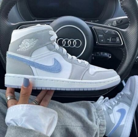 Jordan 1 Mid Wolf Grey Aluminum With (White & Light Blue )