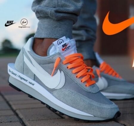 Nike id Waffle Sacai Fragment Grey Outfit with Orange White Grey Laces